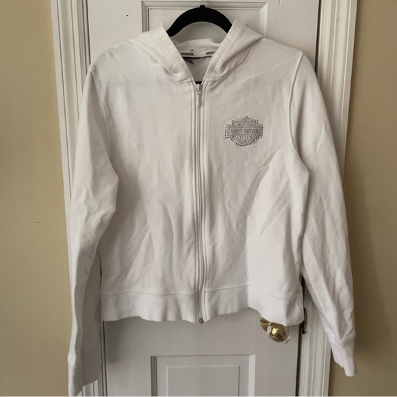 Harley Davidson Embroidered Flames Logo Studded Bling Hoodie in White - Picture 3 of 6
